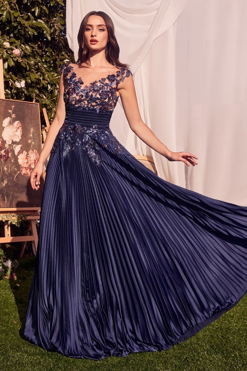 Floral Applique Embellished Long A-Line Dress For Special Occasion w/ Pleated Design & Cap Sleeves