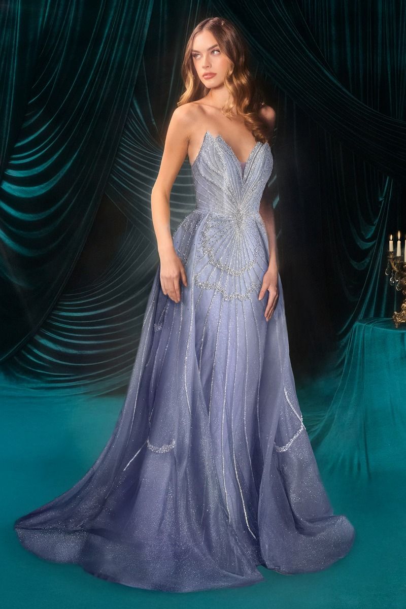 Strapless Couture-Inspired Pageant Gown w/ Voluminous Overskirt & V-Neckline CDA1508