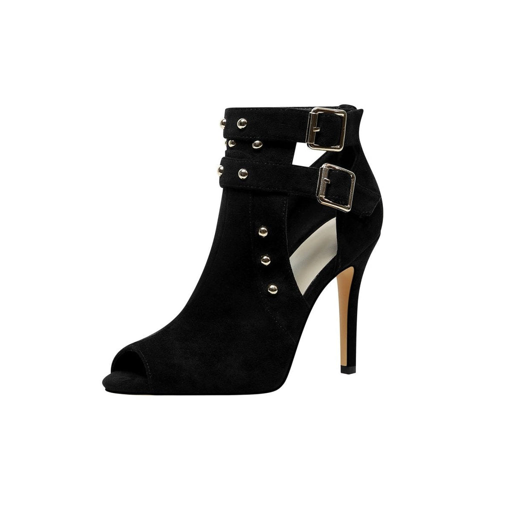 Bad Girl Black Buckle Strap Cutout Boots