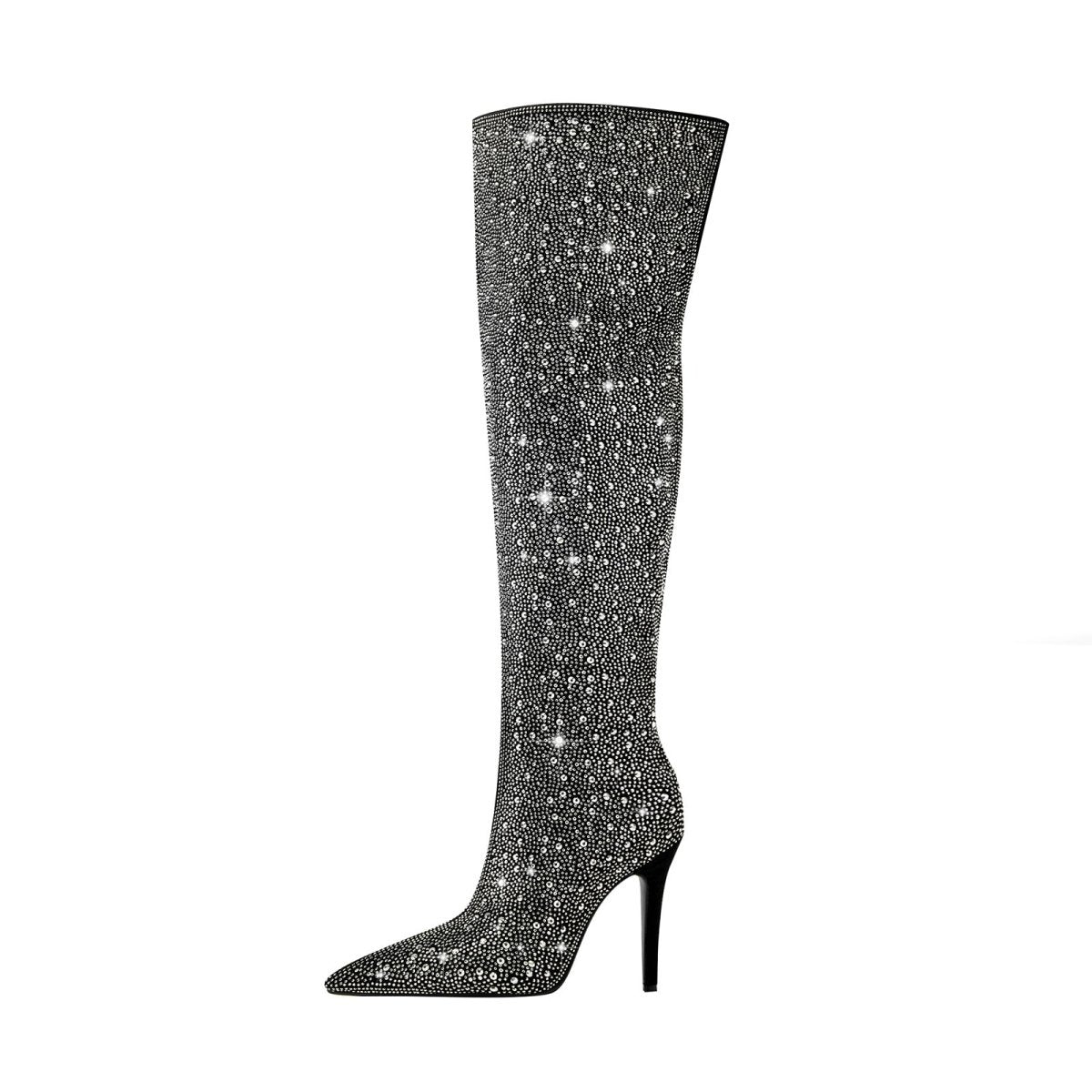 Black and Silver Embellished Knee High Boots