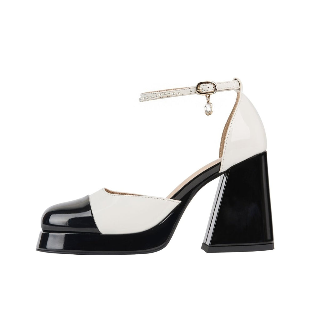Black and White Round Toe Ankle Strap Pumps