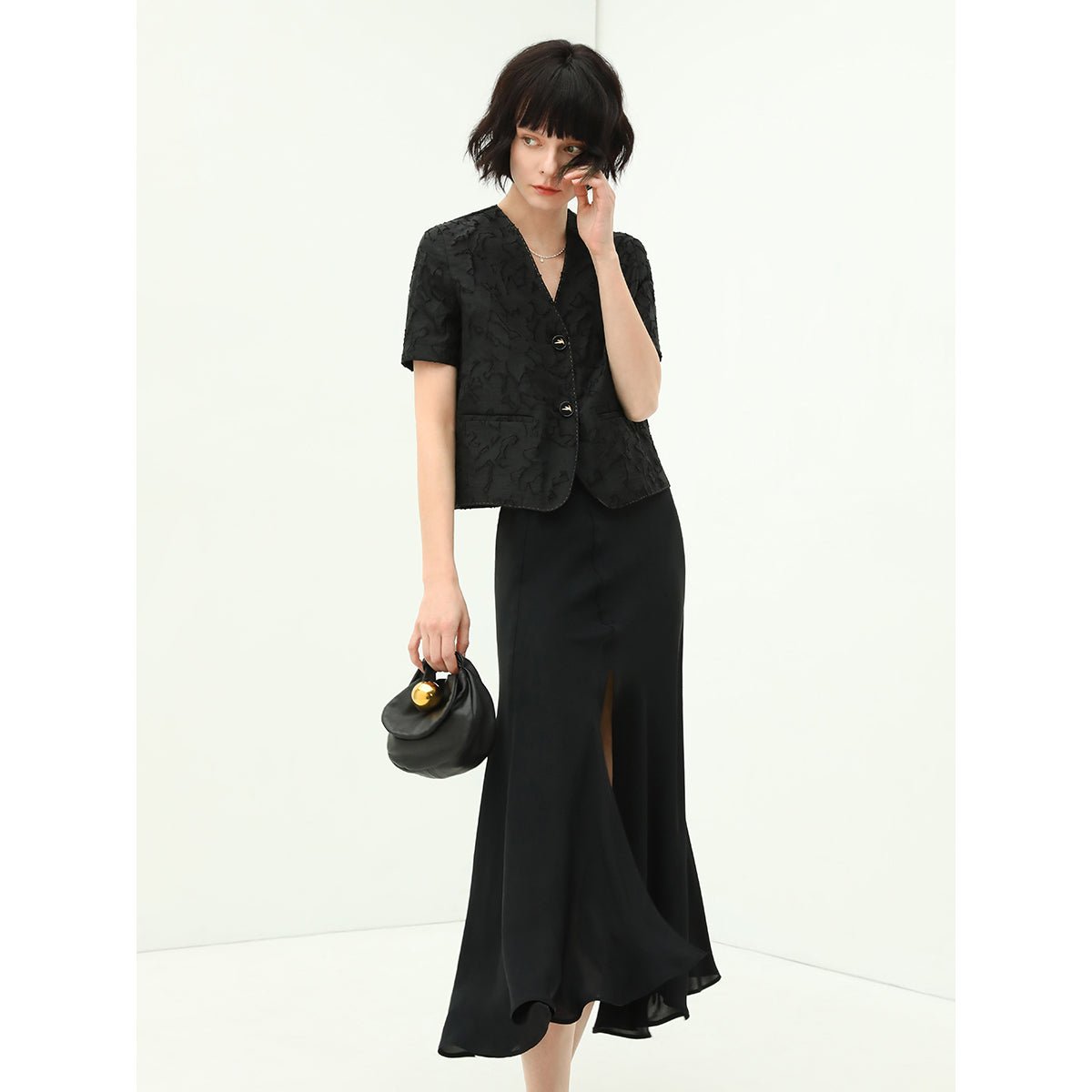 Black Draped Mermaid Skirt with Subtle Front Slit