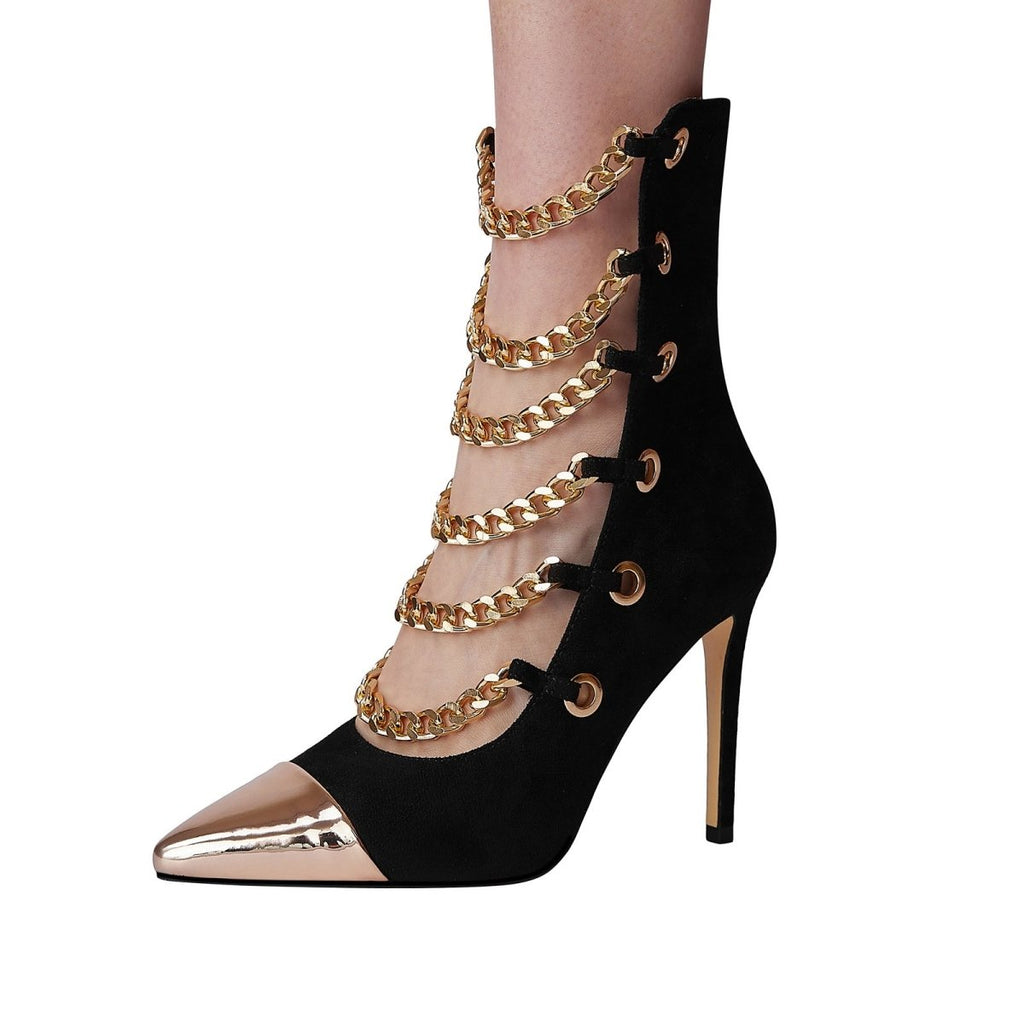 Black Glam Pointed Toe Gold Chain Stiletto Heels