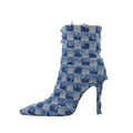 Blue Checkered Frayed Denim Ankle Boots