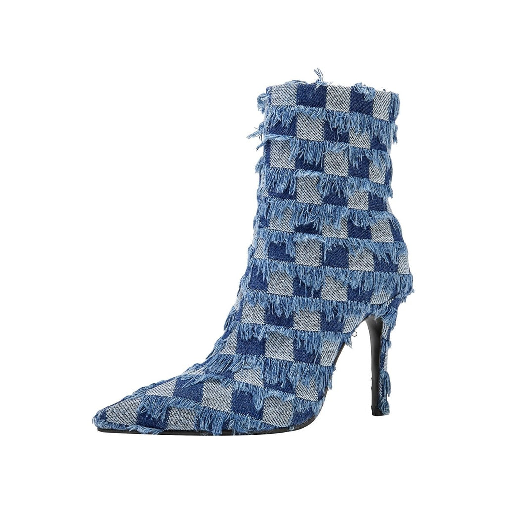 Blue Checkered Frayed Denim Ankle Boots