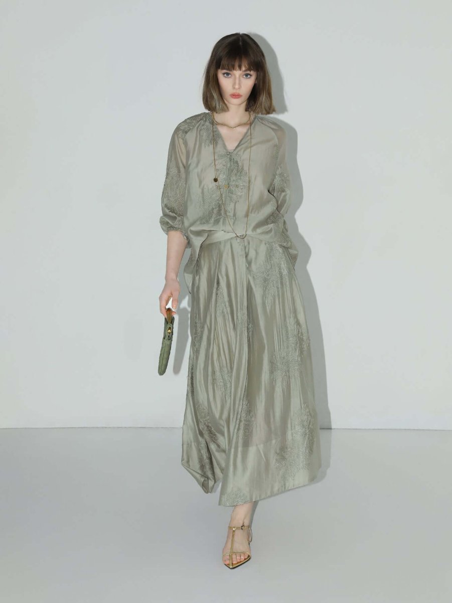 Brocade Button Embroidered Mint Green Kaftan Dress