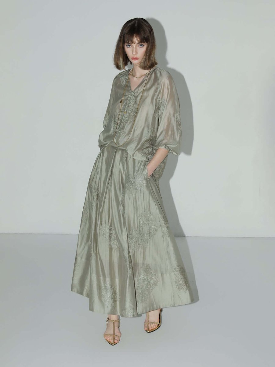 Brocade Button Embroidered Mint Green Kaftan Dress
