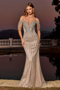 Blush Nude Off-Shoulder Beaded Gown with Sweetheart Neckline & Fitted Mermaid Silhouette CDCC477