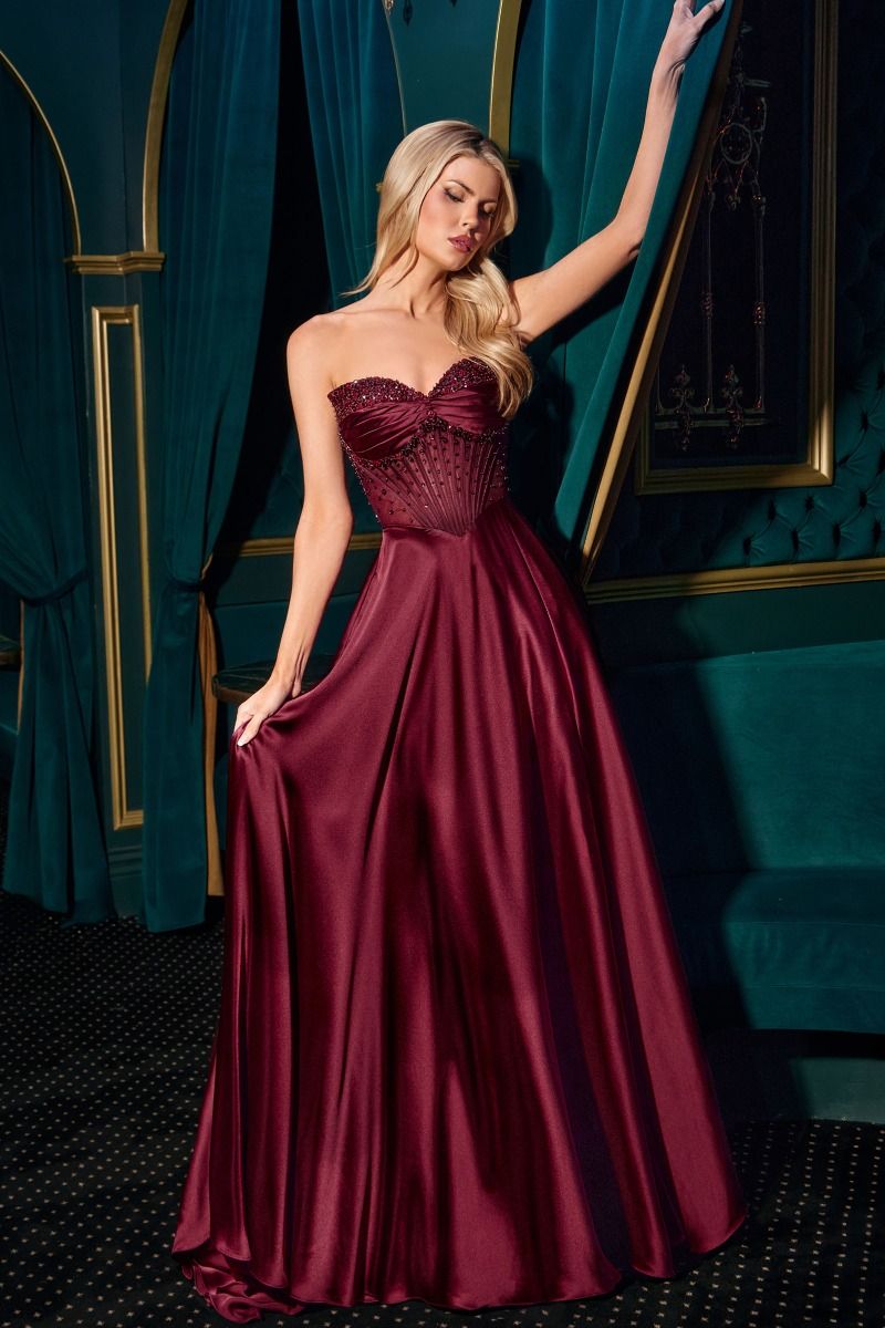 A-Line Satin Sweetheart High Slit Dress Elegant Designer Luxe - CDCD297