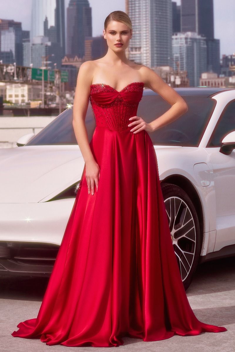 A-Line Satin Sweetheart High Slit Dress Elegant Designer Luxe - CDCD297