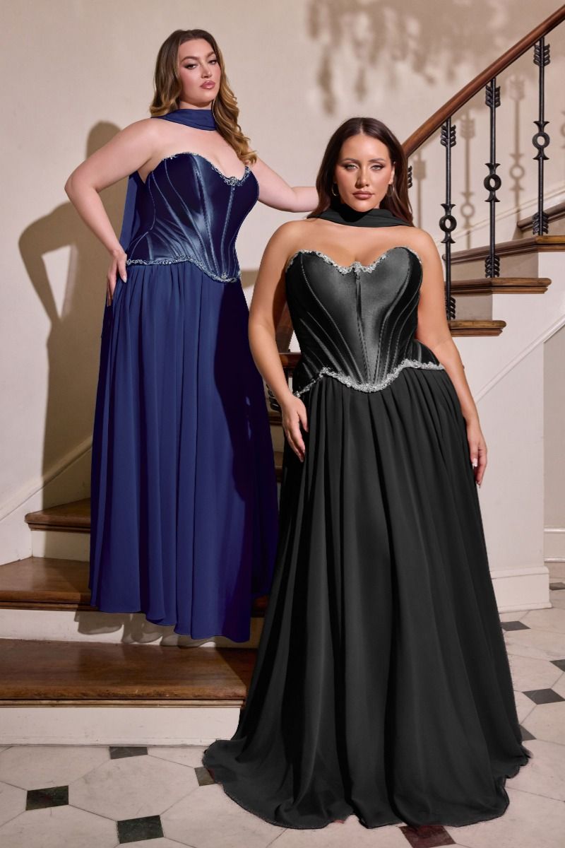 Sleeveless Strapless Evening Plus Size Gown w/ Corset Bodice & Matching Scarf CDCD668C