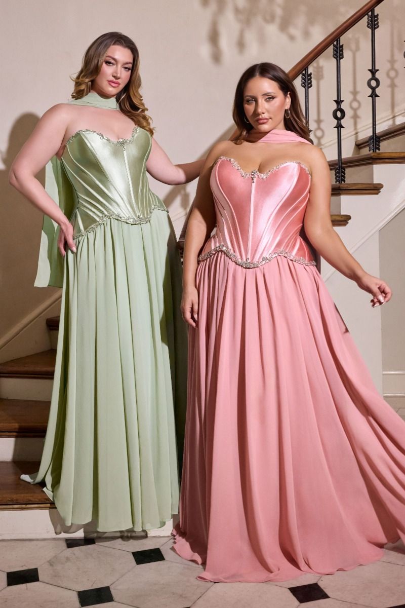 Sleeveless Strapless Evening Plus Size Gown w/ Corset Bodice & Matching Scarf CDCD668C