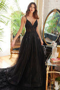 A-Line Beaded Lace Detail V-Neck Long Prom Dress CDCD994
