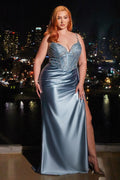 Sky Blue |  Royal Blue |  Emerald Green |  Champagne Plus Size Satin Gown with Beaded Corset & Slit CDCDS440C