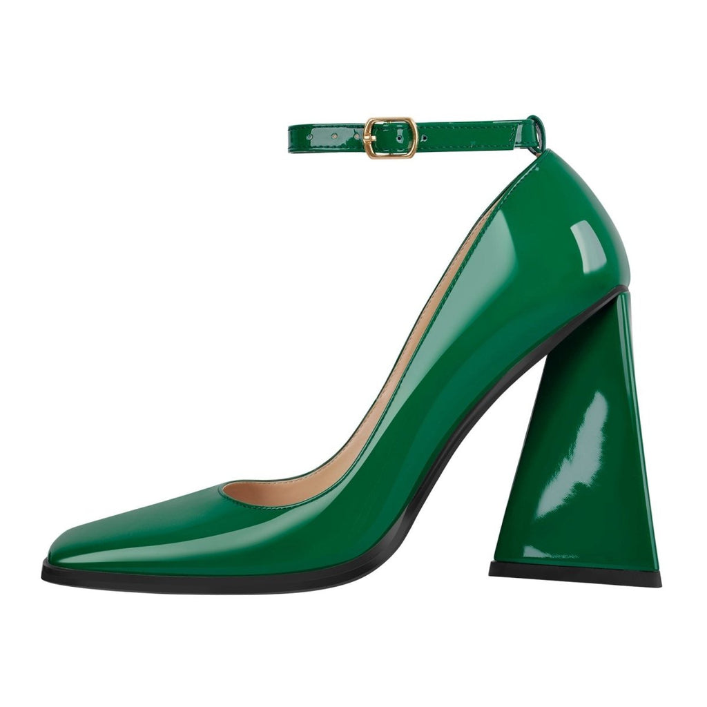Chunky Square Toe Ankle Strap Heels