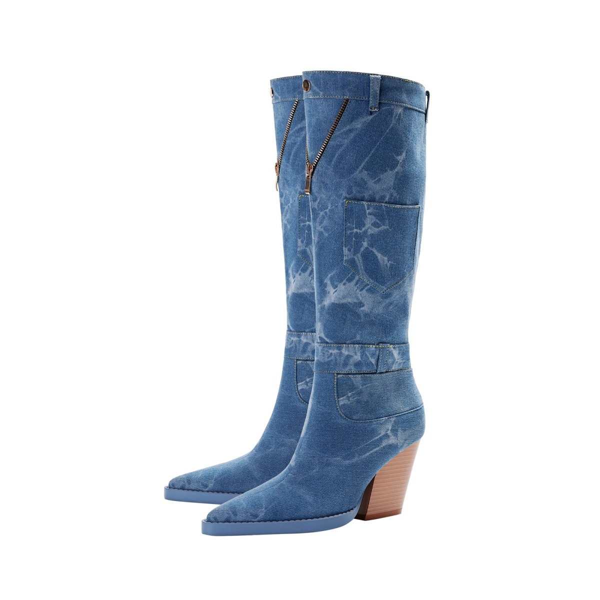 Classic Pointed Toe Pocket Denim Knee High Boots