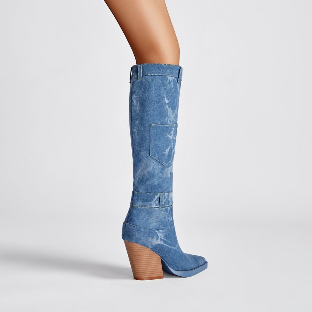 Classic Pointed Toe Pocket Denim Knee High Boots