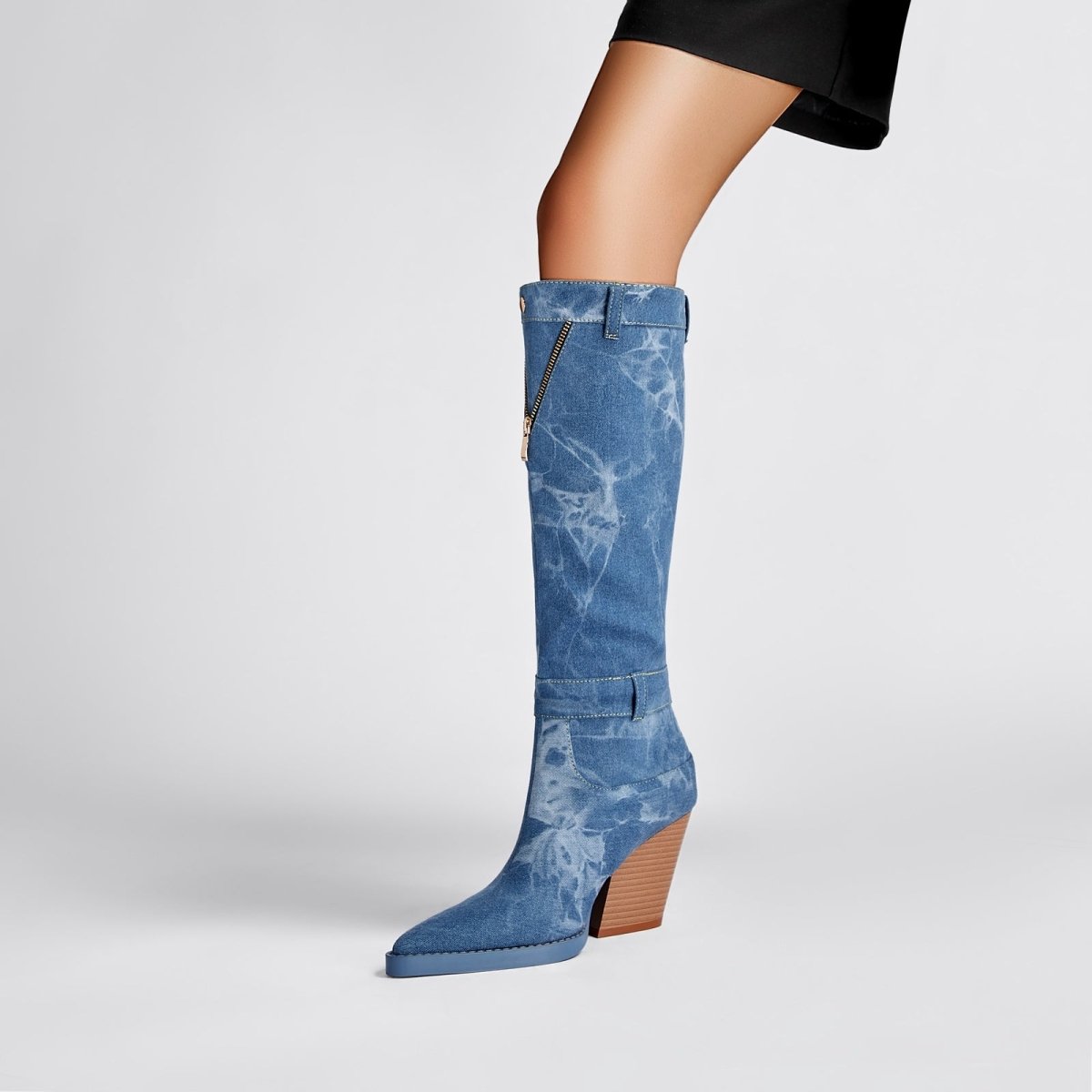 Classic Pointed Toe Pocket Denim Knee High Boots