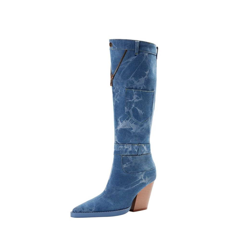 Classic Pointed Toe Pocket Denim Knee High Boots