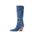 Classic Pointed Toe Pocket Denim Knee High Boots