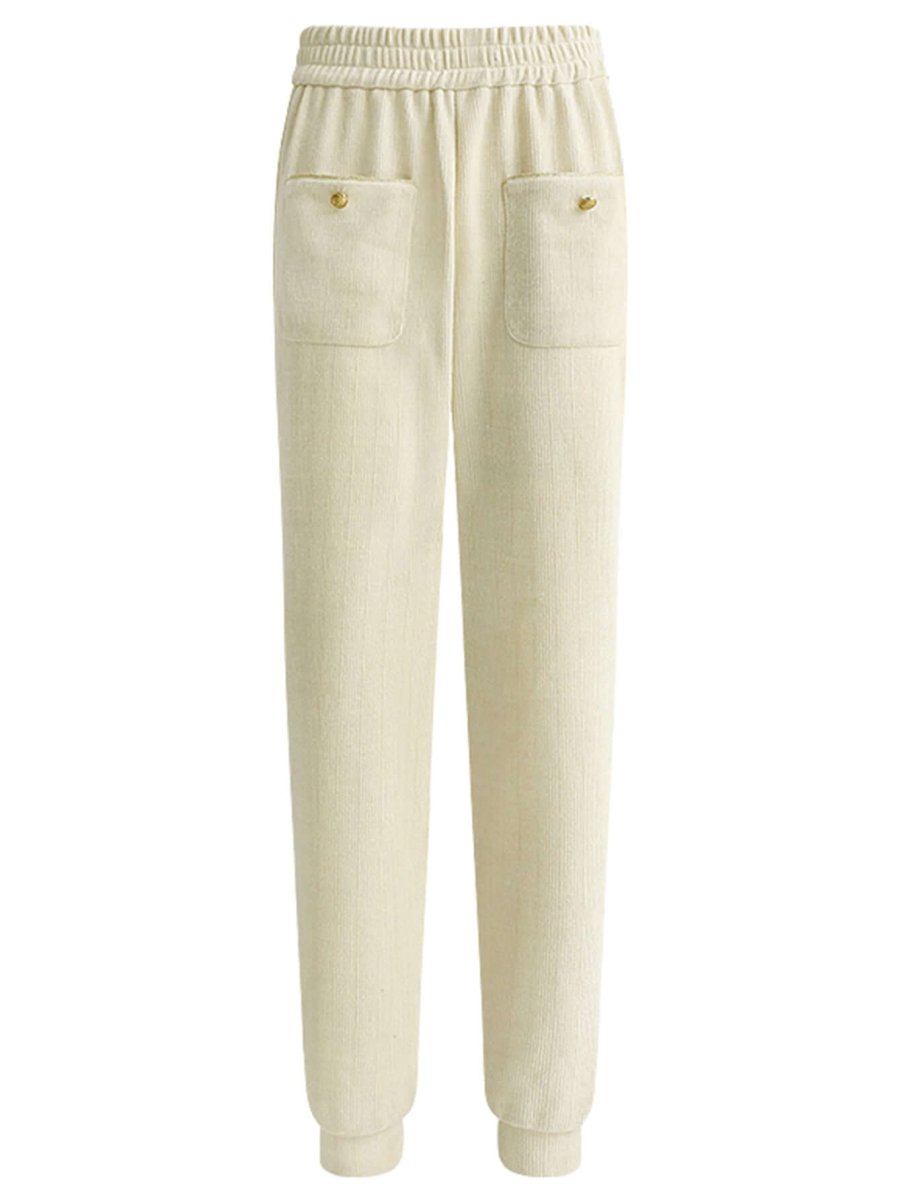 Cream Knitted Sweater Pants with Gold Snap Buttons