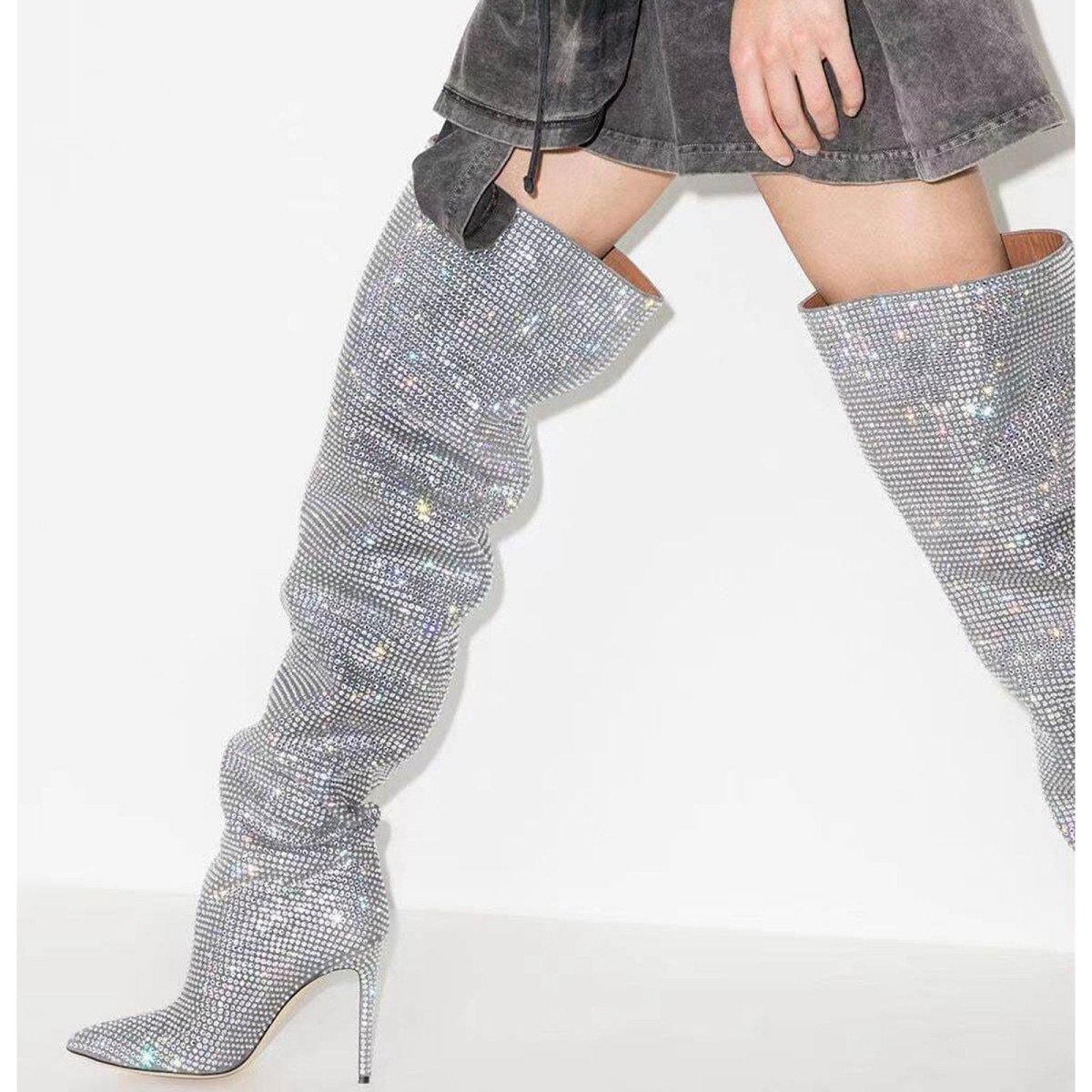 Crystal Embellished Slouchy Thigh High Boots