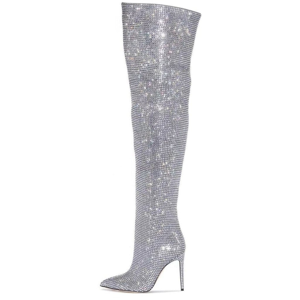 Crystal Embellished Slouchy Thigh High Boots