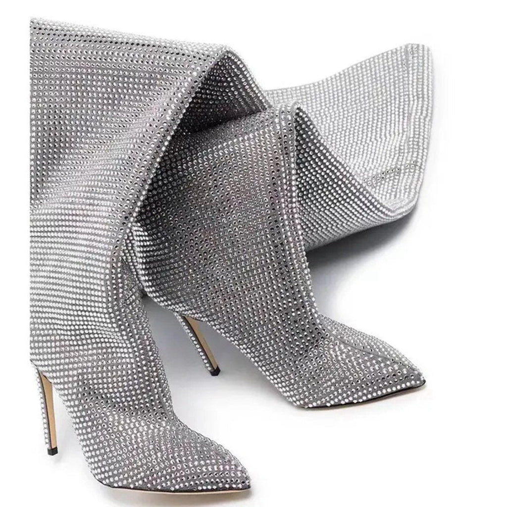 Crystal Embellished Slouchy Thigh High Boots