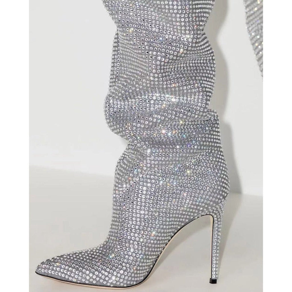 Crystal Embellished Slouchy Thigh High Boots