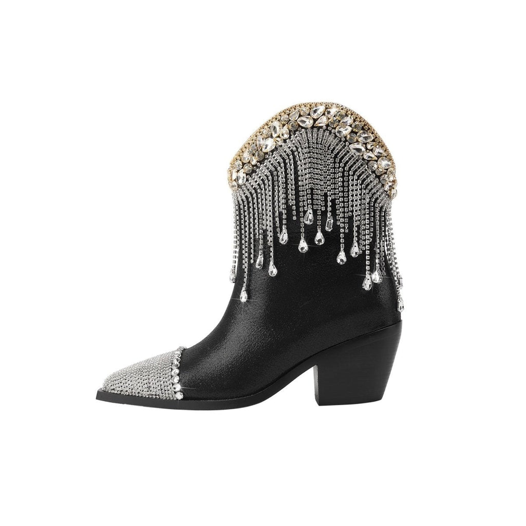 Crystal Fringe Embellished Black Cowgirl Boots
