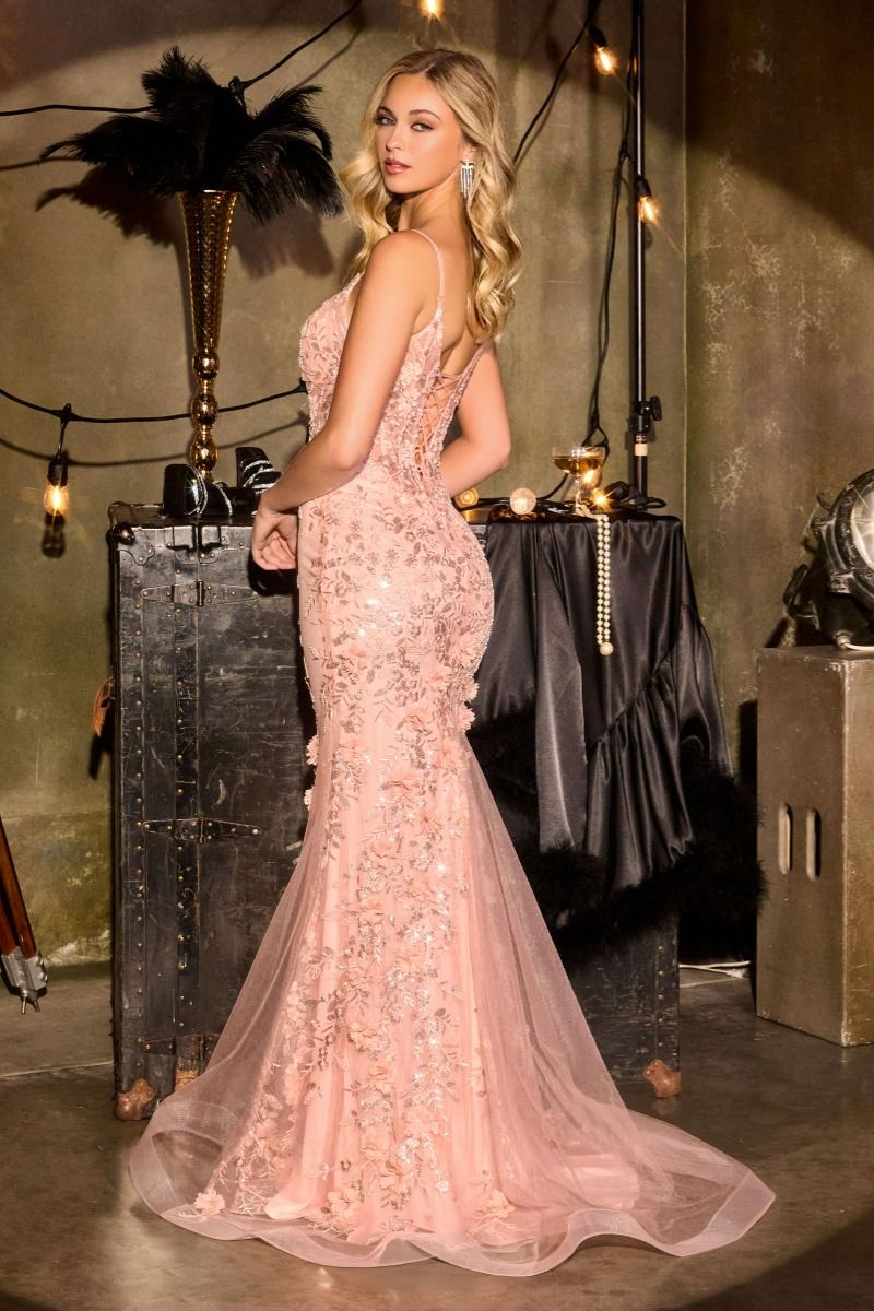 Beads Embellished Formal Mermaid Gown w/ Sheer Corset Bodice & V-Neckline CDCT264