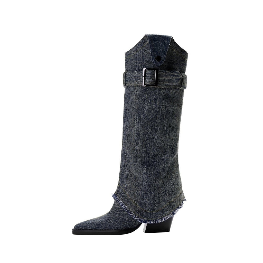 Denim Buckle Foldover Knee High Boots
