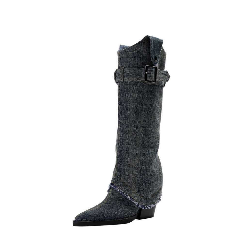 Denim Buckle Foldover Knee High Boots