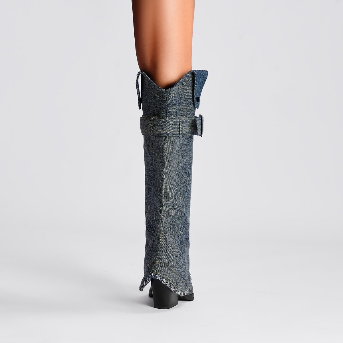 Denim Buckle Foldover Knee High Boots