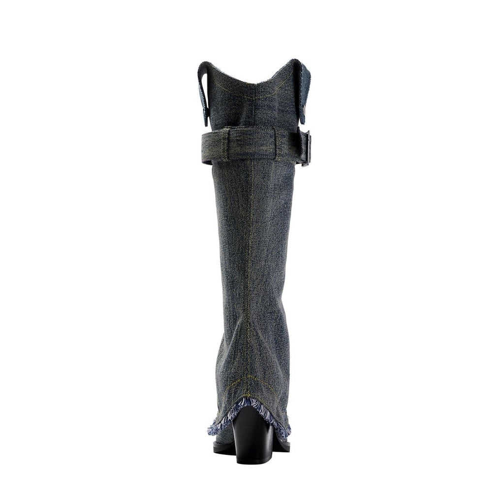 Denim Buckle Foldover Knee High Boots