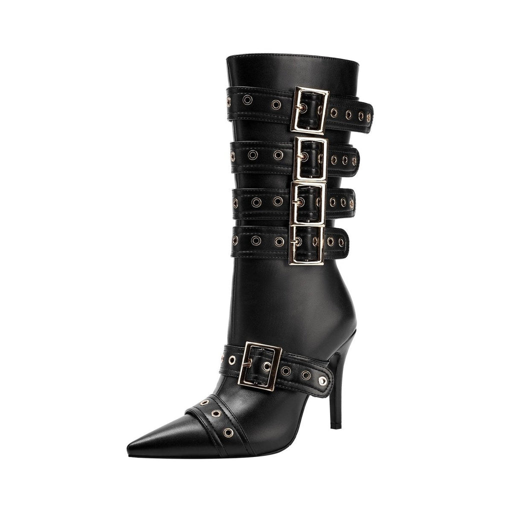 Dominatrix Leather Buckle Strappy Knee High Boots