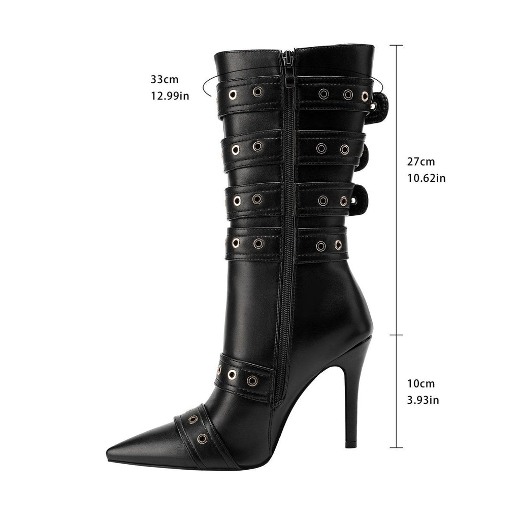 Dominatrix Leather Buckle Strappy Knee High Boots