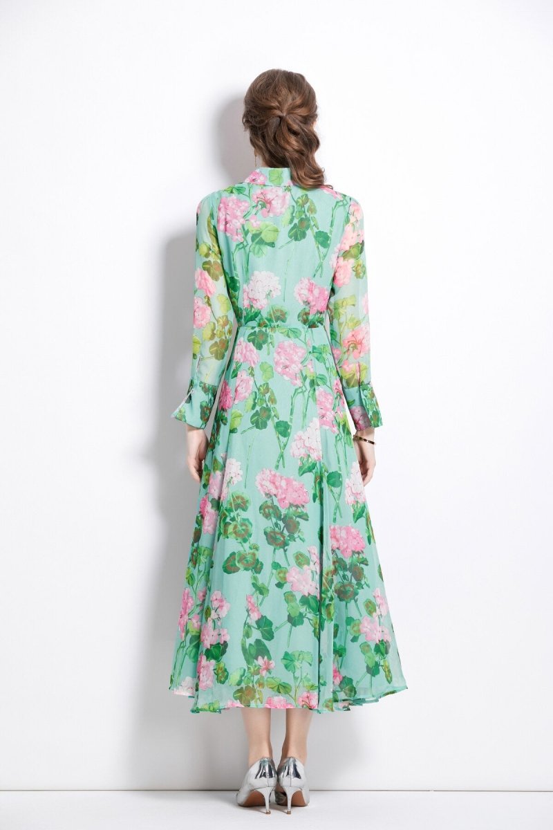 Floral Green Flared Waist Cinching LongSleeve Shirt Dress