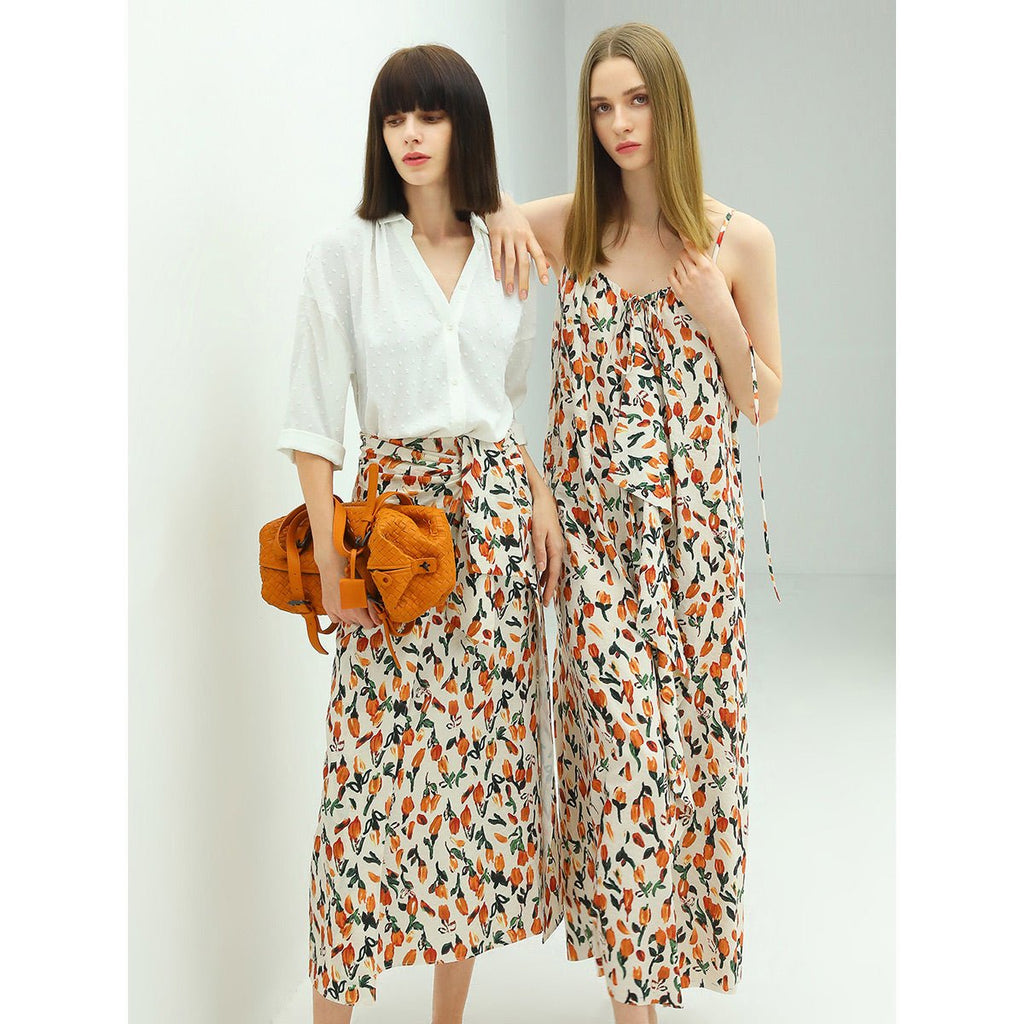 Floral Tie Twist Wrap Skirt Orange