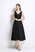 French Elegant Fitted Waist Midi V Neck Dress