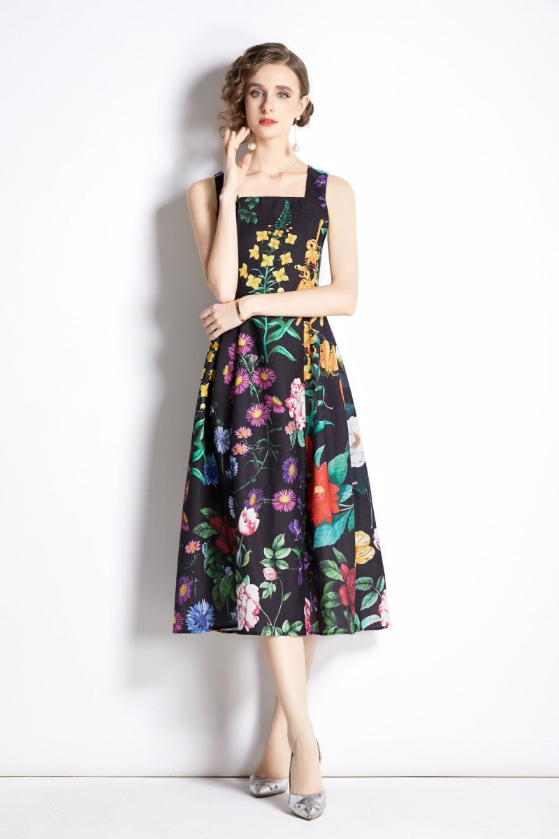 French Vintage Floral Black High Waist Spaghetti Strap Dress
