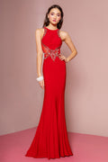 Illusion Back Floor Length Dress with Sheer Side Cut Outs