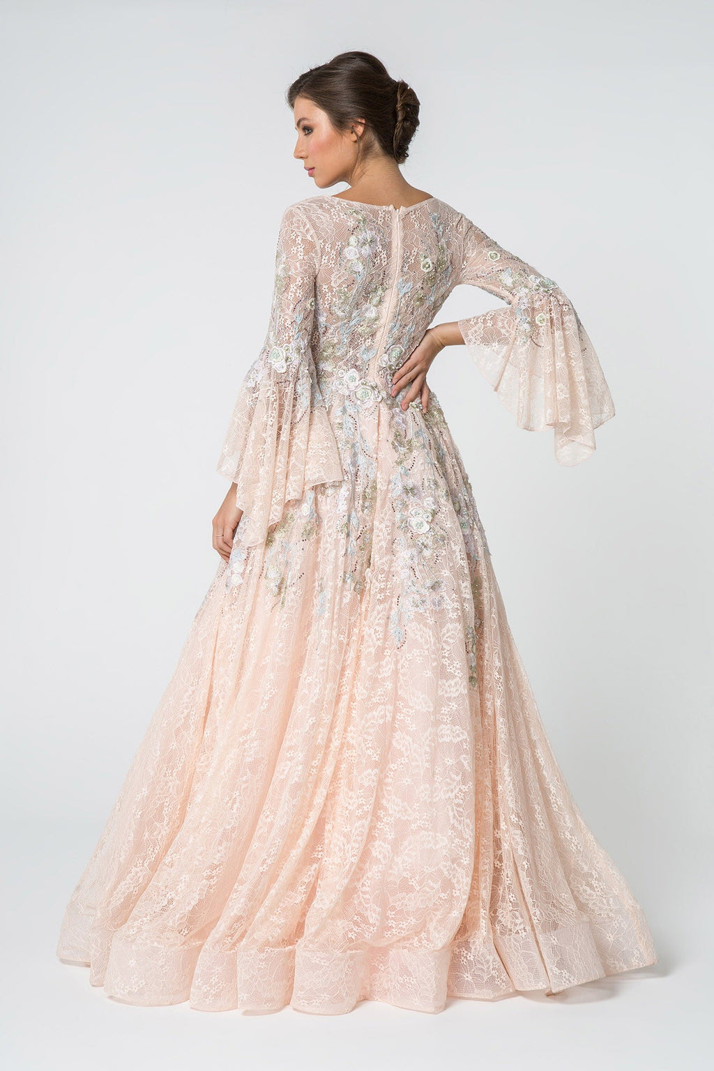 Lace V-Neck A-Line Long Dress with Embroidery and Trumpet Sleeves