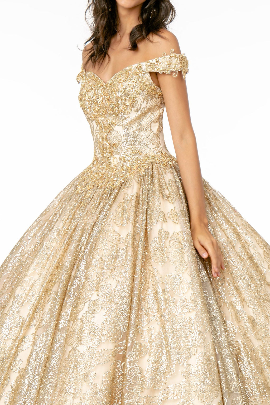 Sweetheart Neckline Cut-Away Shoulder Glitter Mesh Long Quinceanera Dress GLGL1820