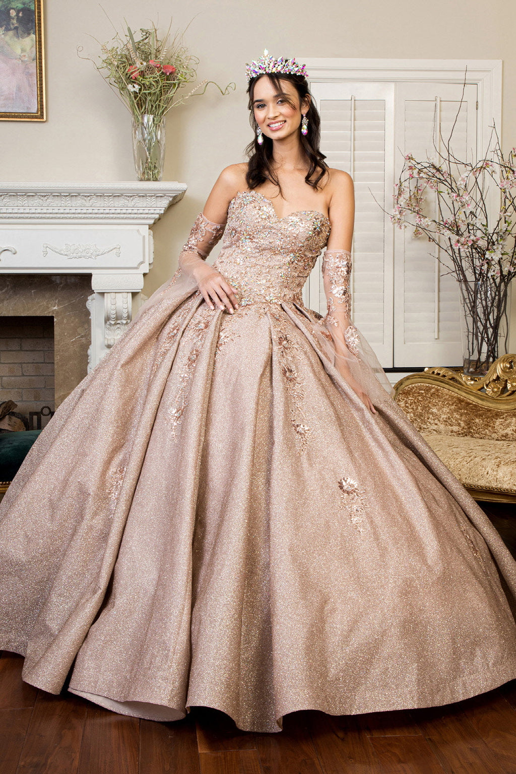 Sweethearted Ruffle Tail w/ Detached Mesh Sleeve Long Quinceanera Dress - Mask Not Included GLGL1912