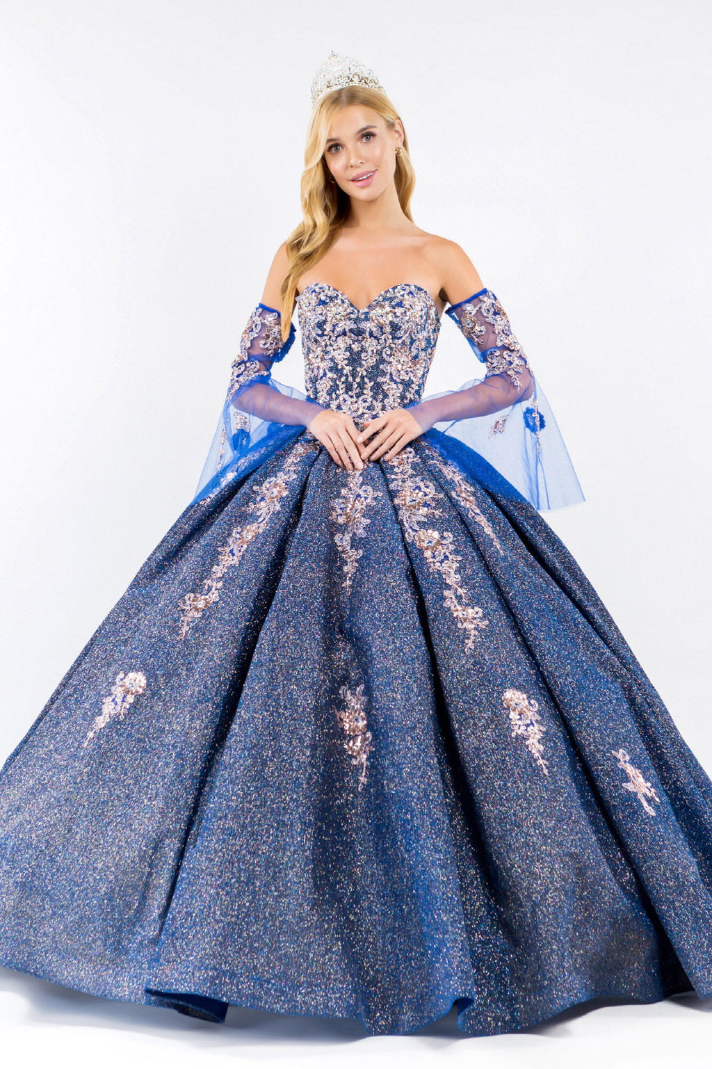 Sweethearted Ruffle Tail w/ Detached Mesh Sleeve Long Quinceanera Dress - Mask Not Included GLGL1912