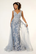 V-Neck Floral Embroidery Embellished Mesh A-Line Dress w/ Sheer Back - Mask Not Included