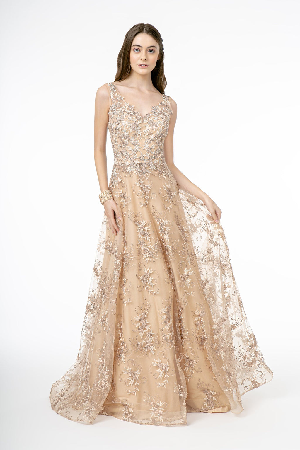 Embroidery Embellished V-Neck Tulle A-Line Dress