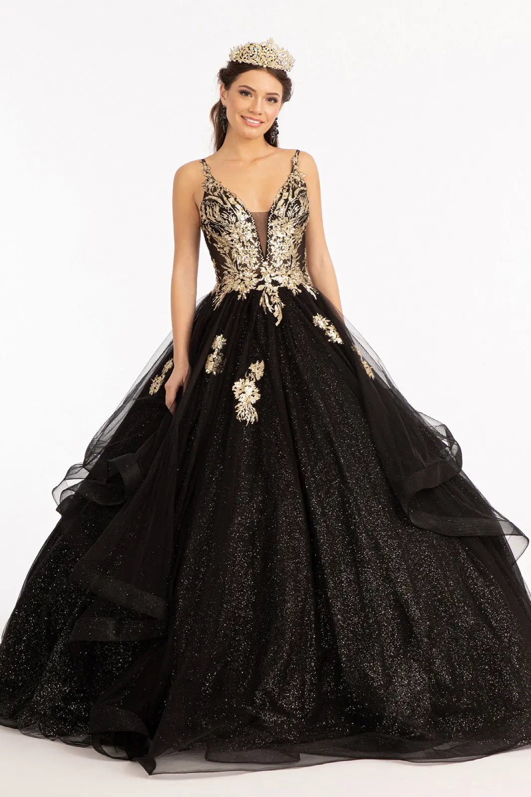 Glitter embellished mesh quinceanera gown w sequin and sheer bodice GLGL3021