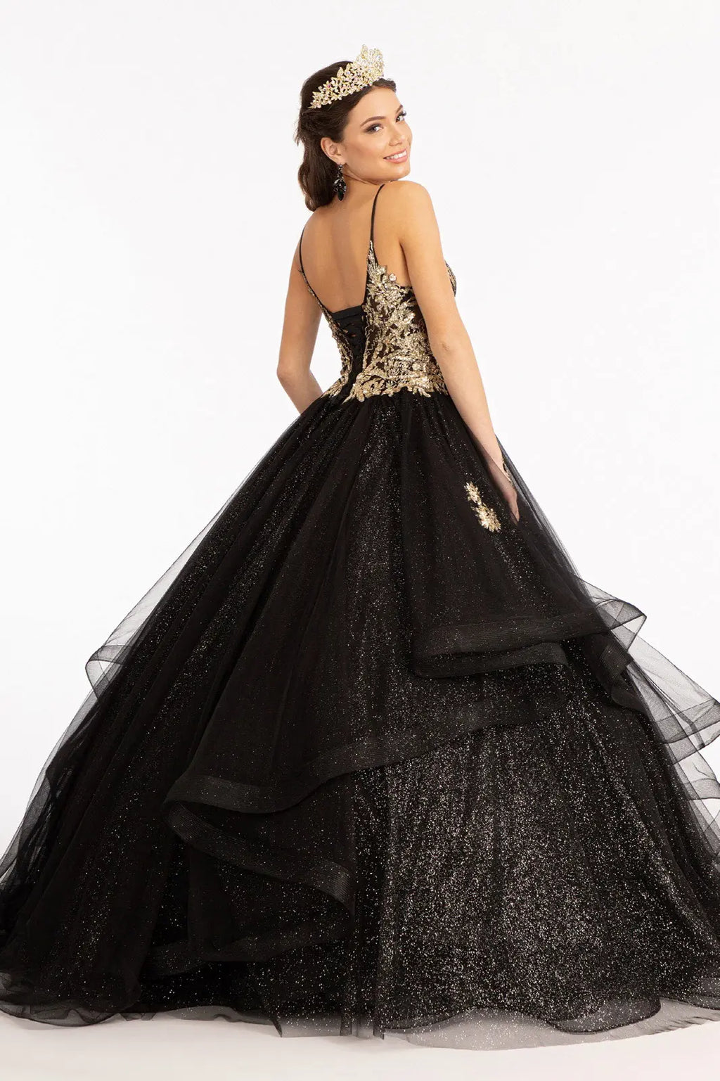 Glitter embellished mesh quinceanera gown w sequin and sheer bodice GLGL3021